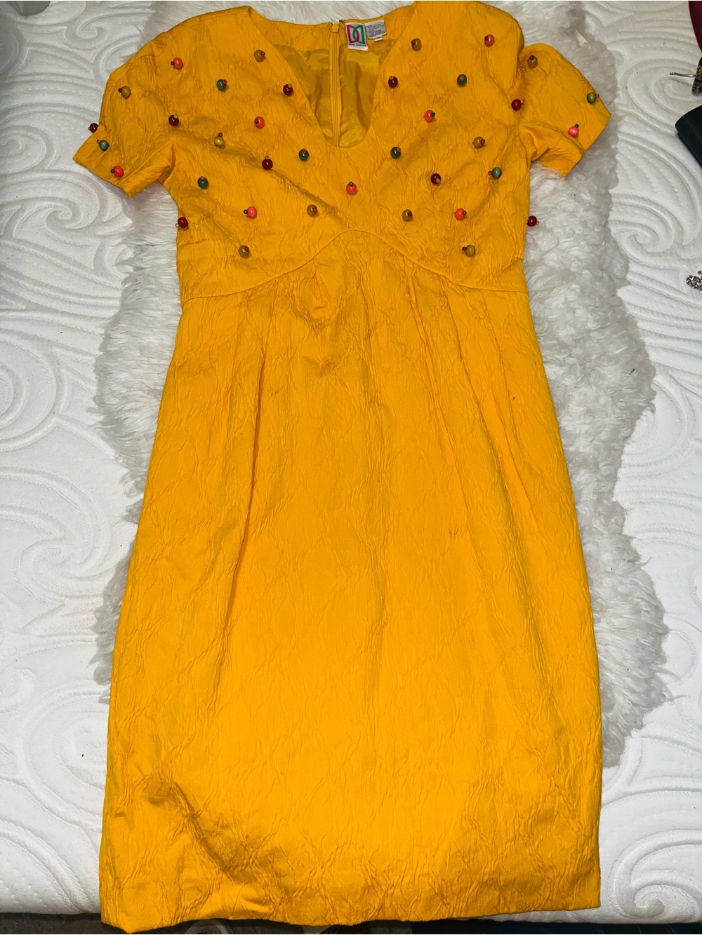 Vintage Diane Dickinson Yellow Embellished Short-Sleeve Dress